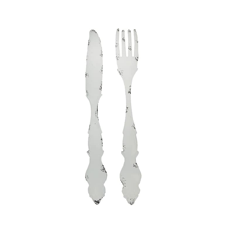 Zeckos 30 Inch White Metal Knife And Fork Wall Hangings (Set Of 2)