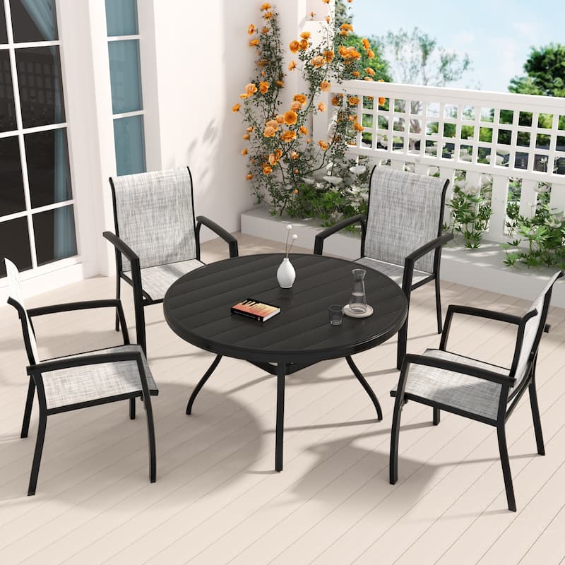 5-Piece Outdoor Dining Set‌ – Includes 4 Stackable Chairs & 40.6" Round Metal Table.