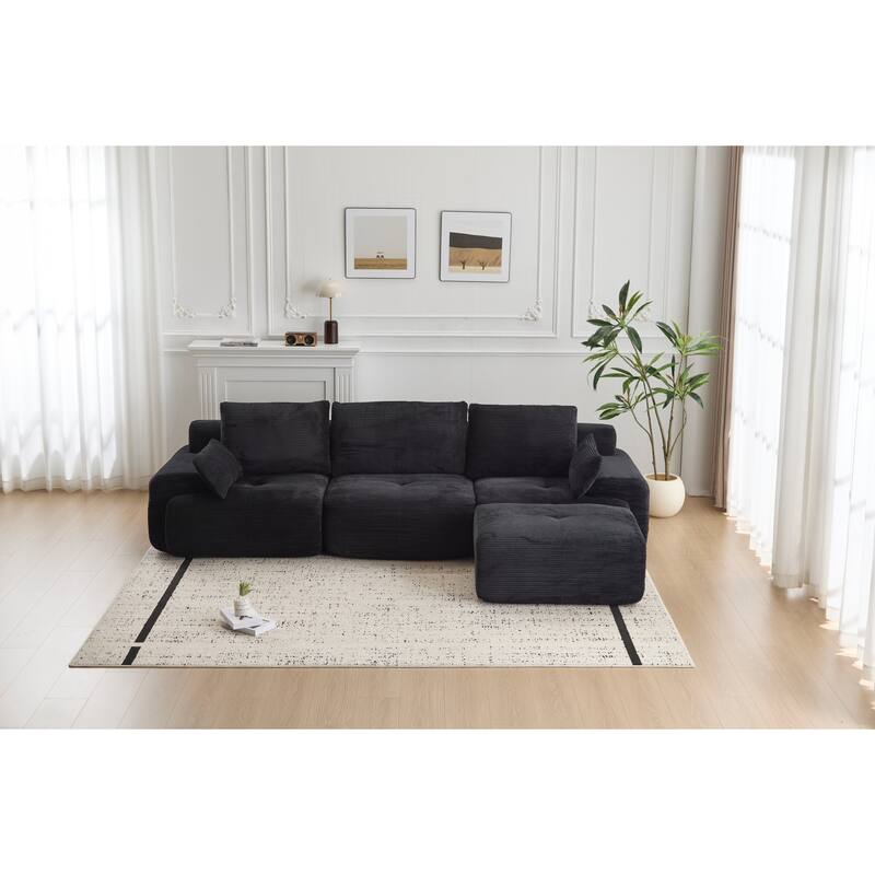 L Shaped Modular Sectional Sofa with Ottoman, Corduroy Upholstered Cloud Sofa, Compressed Sofa with Cushions & Throw Pillows