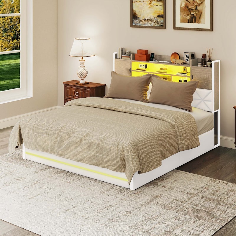 Queen/King Upholstered Bed Frame with RGB LED Lights & Storage Bookcase Headboard