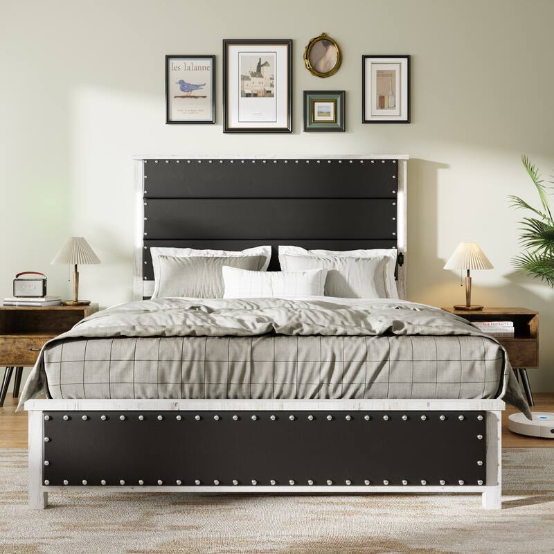 Queen Size Bed Frame with Upholstered Headboard, Queen Bed Frame with Charging Station and LED Lights, Wood Slats