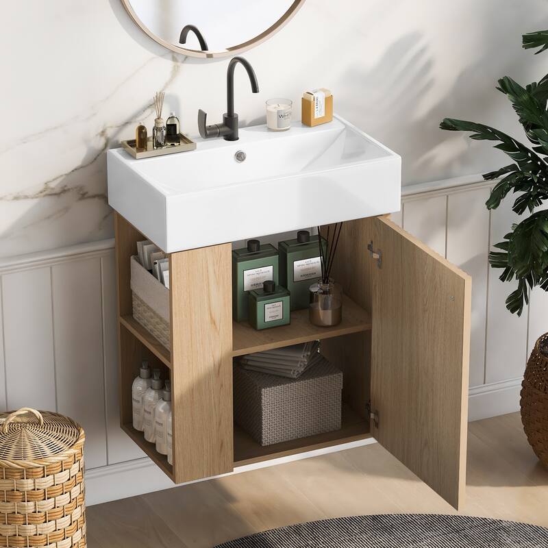 21.6" Floating Bathroom Vanity with Ceramic Sink and Side Open Storage