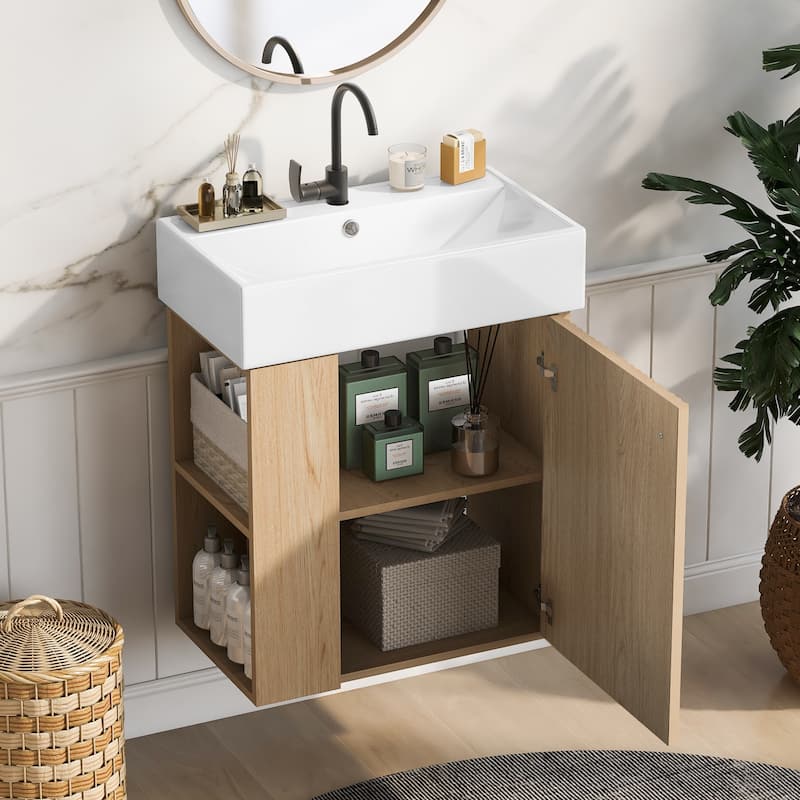 Floating Bathroom Vanity with Sink, Wall Mounted Bathroom Vanity, Storage Cabinet with Open Shelf & Wave-Patterned Door - Wood