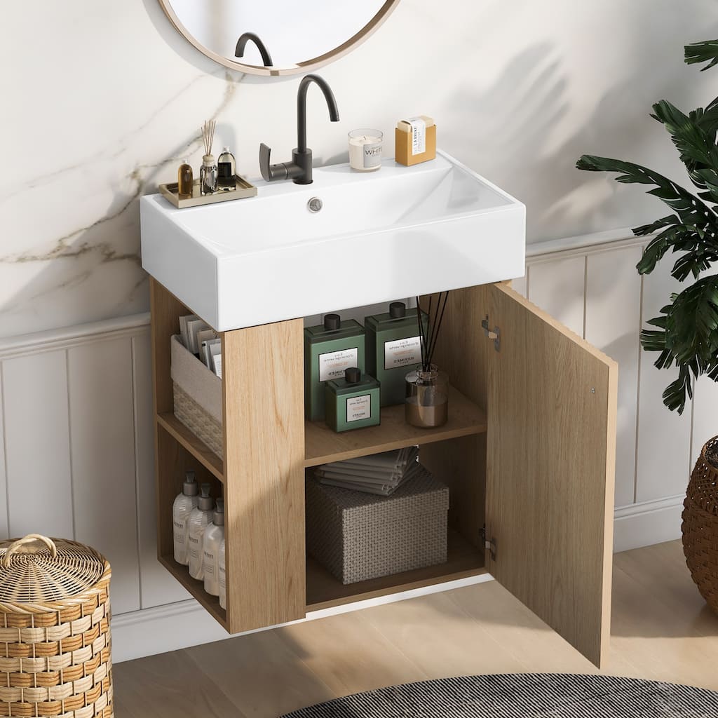 Floating Bathroom Vanity with Sink, Wall Mounted Bathroom Vanity, Storage Cabinet with Open Shelf & Wave-Patterned Door