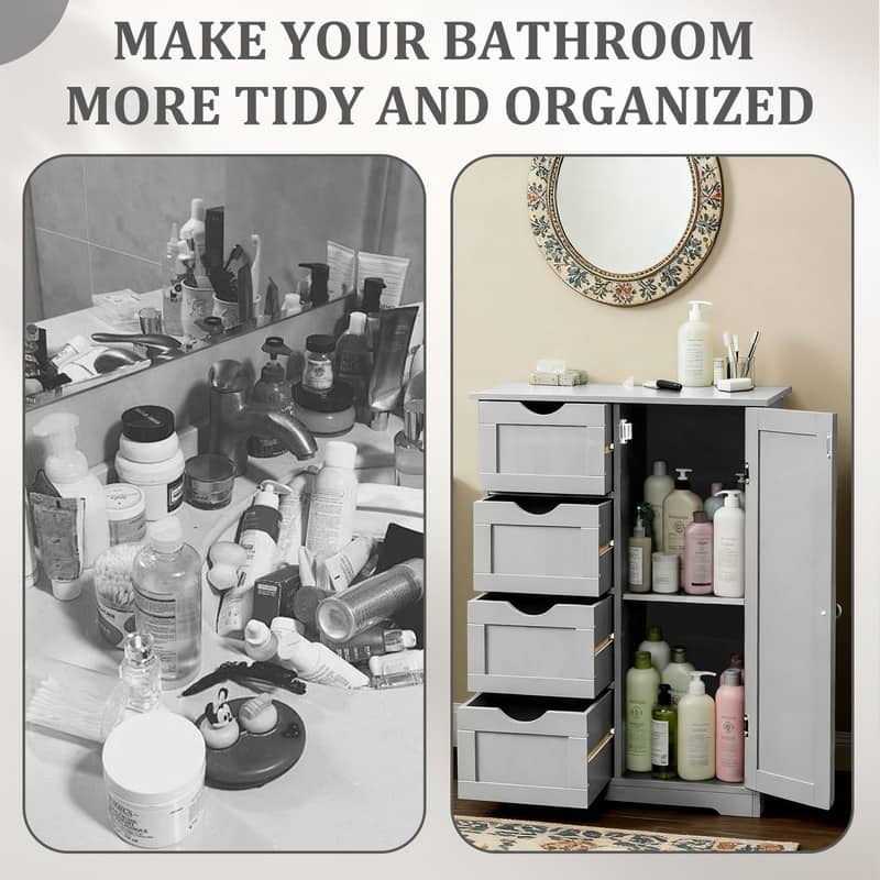 Black Bathroom Storage Cabinet with 4 Drawers and 1 Door