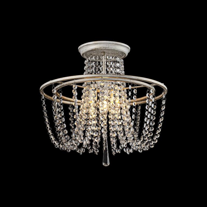 3-Light 17.32" Vintage Antique White Circle Round Crystal Semi-Flush Mount Light - 17.32 in. W x 16.14 in. H