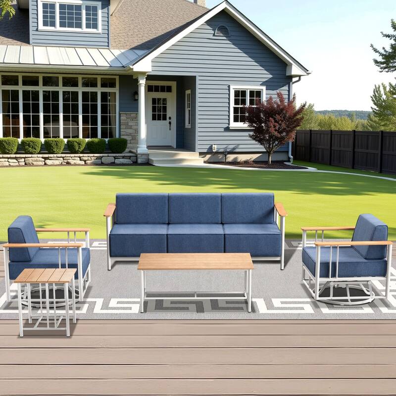Outdoor Patio Funiture Set with Extra-Thick Seat cushion - White & BLue Cushion - 5PCS Sofa Swivel Chair with Table