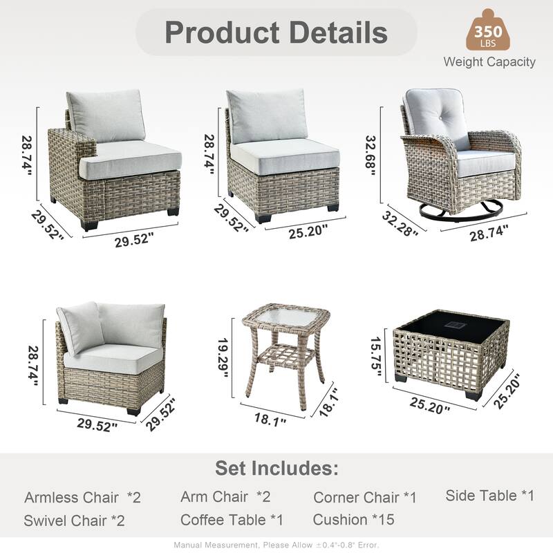 OVIOS 9 Pieces Swivel Chair Set Wide Arm T shaped Seat With Solar-Powered Coffee Table