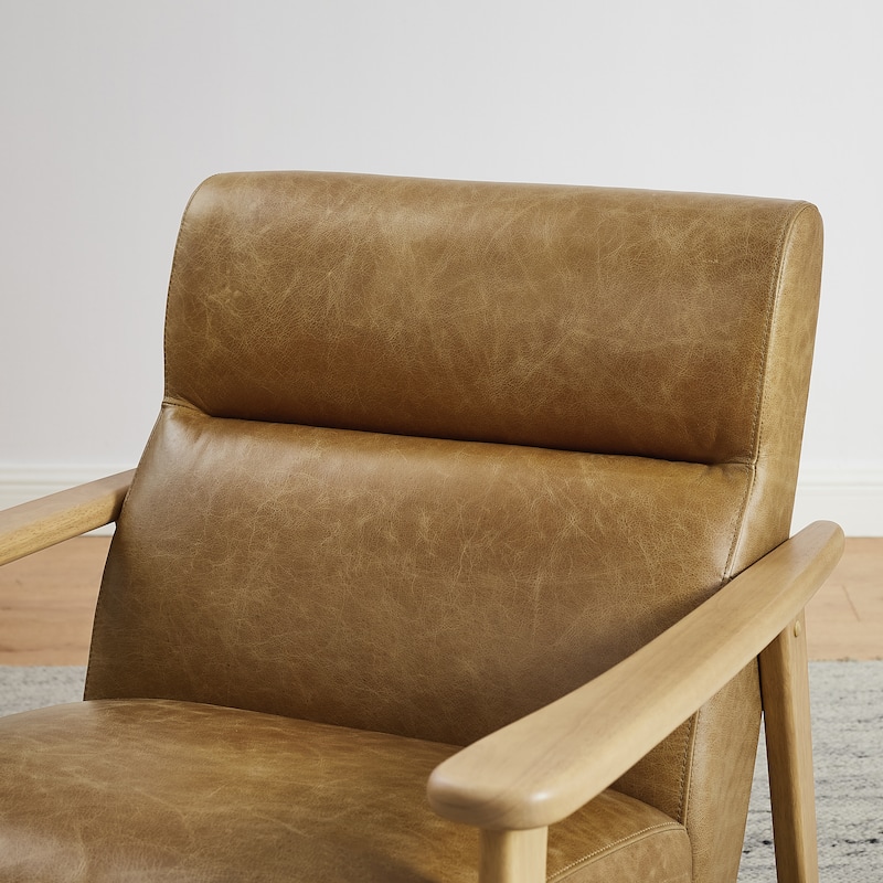 Modern Genuine Leather Accent Armchair with Natural Solid Wood Frame