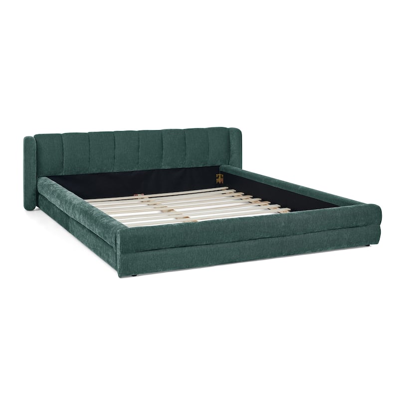 Queen Size Upholstered Bed Frame with Headboard & Solid Frame, Chenille Fabric Grounded Platform Bed - Dark Grey