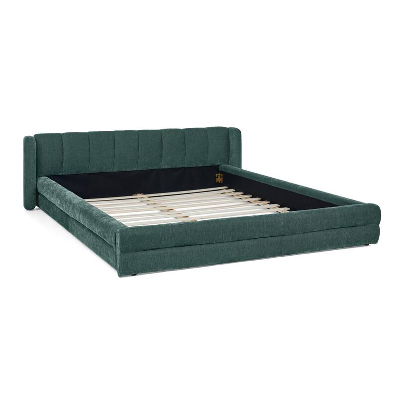 Queen Size Upholstered Platform Bed with Thick Chenille Fabric, Solid Frame & Headboard,Blue+Green