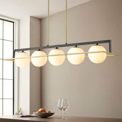 5-Light Modern Industrial Black and Gold Rectangular Pendant Light with Frosted Glass Shade