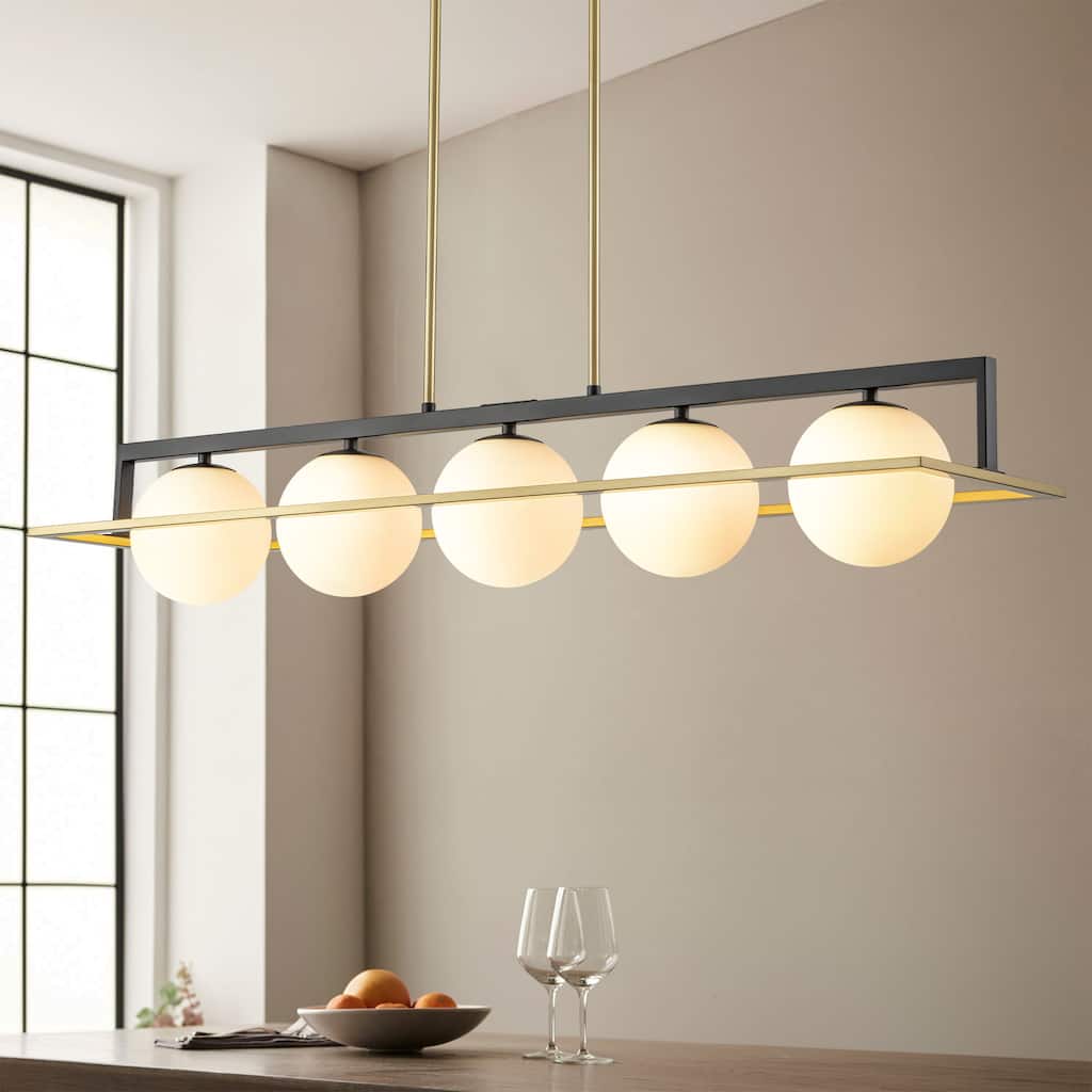 5-Light Modern Industrial Black and Gold Rectangular Pendant Light with Frosted Glass Shade