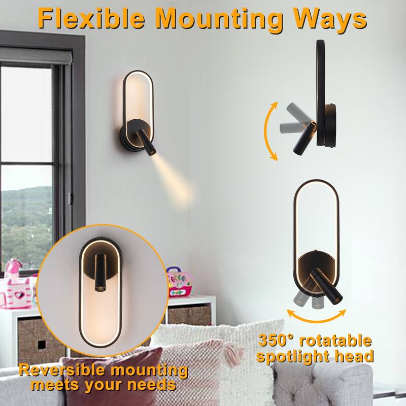 Modern Black LED Wall Sconce Oval Ring & Adjustable Spotlight Dimmable