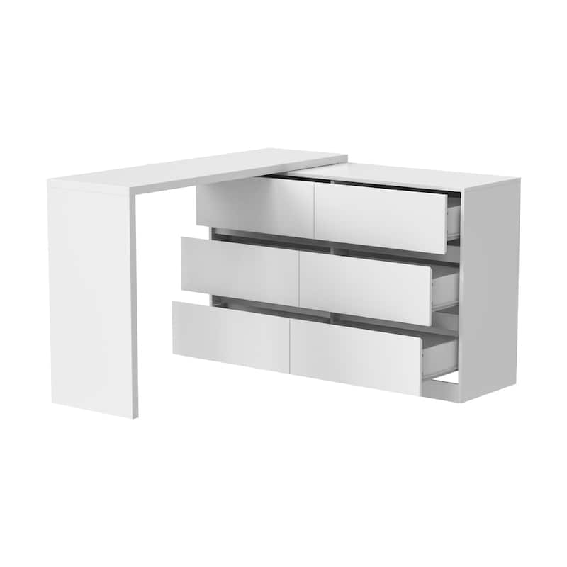 L-Shaped Desk with 6 Drawer Dresser, Extendable Adjustable Vanity Writing Table, Handleless Storage Cabinet