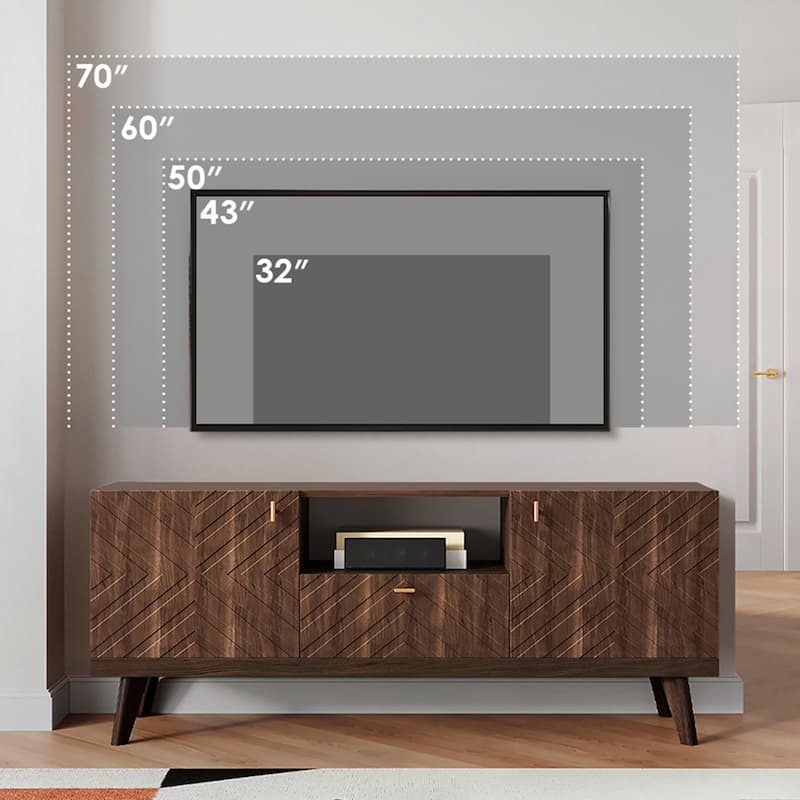 Living Skog Alba Beige TV Stand Console with Drawer Fits TV's up to 65 in. with Wood Legs Mid Century Modern Design