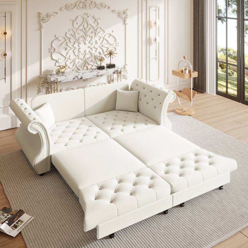 83.8" Chesterfield Velvet Pull-Out Sofa Bed, Classic Roll Arm Sleeper Couch with Elegant Flower Tufting