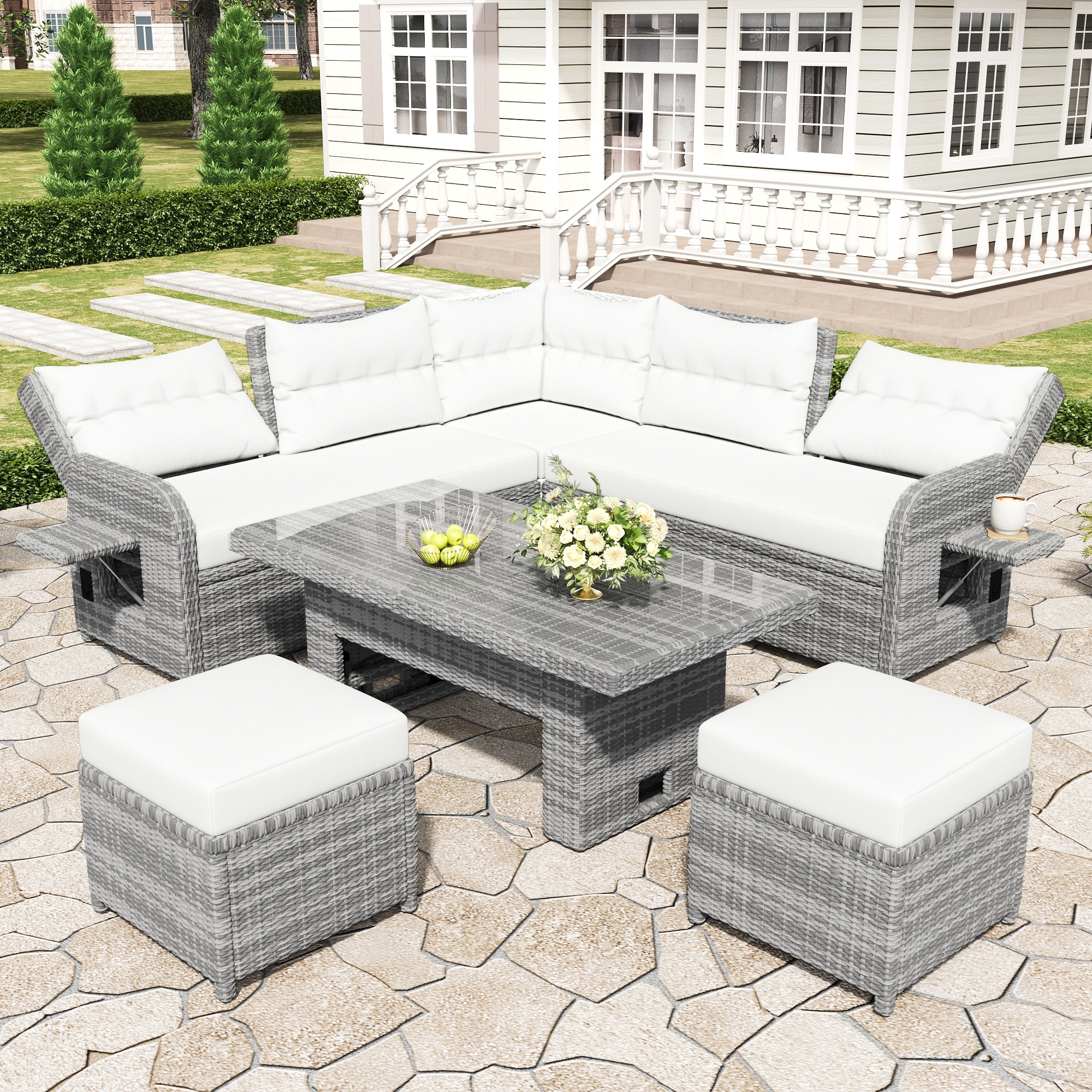 Outdoor Rattan Furniture Set with Recliners, Adjustable Table, and Ottomans for Patio, Backyard