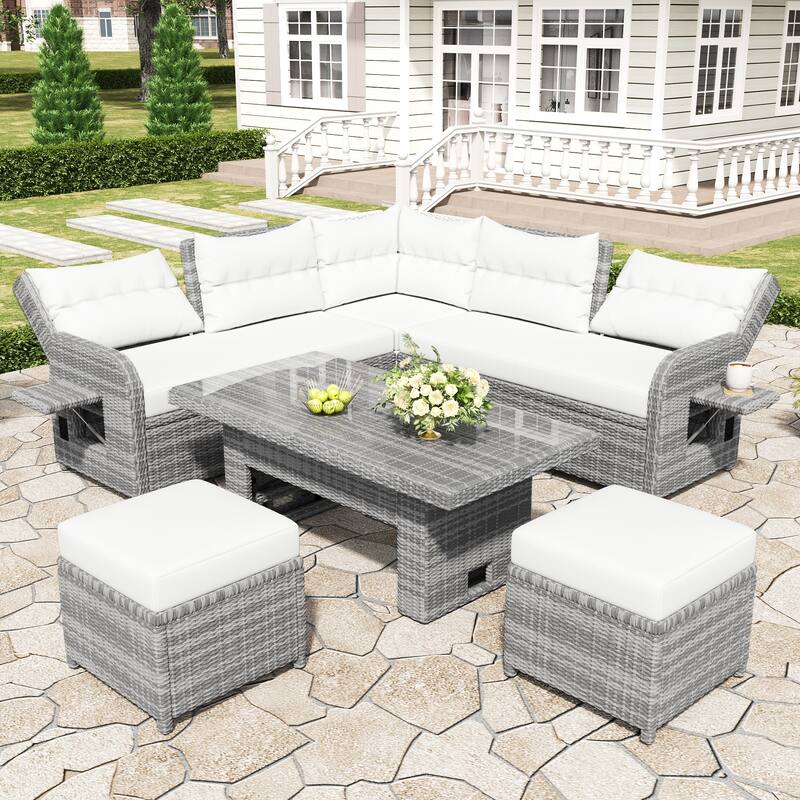 Patio Rattan Furniture Set with 1 Adjustable Table, Recliners with Extendable Side Tables, and 2 Ottomans - Beige