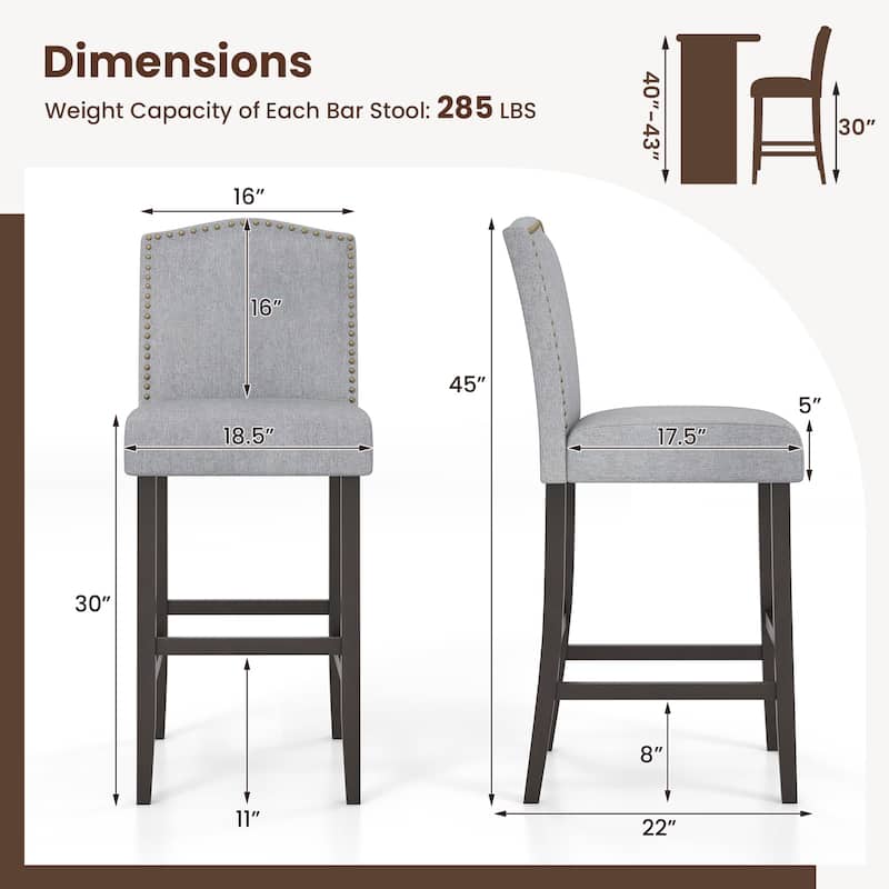 Set of 2 Counter Height Dining Side Barstools with Thick Cushion-Grey - 18.5” x 22” x 45”