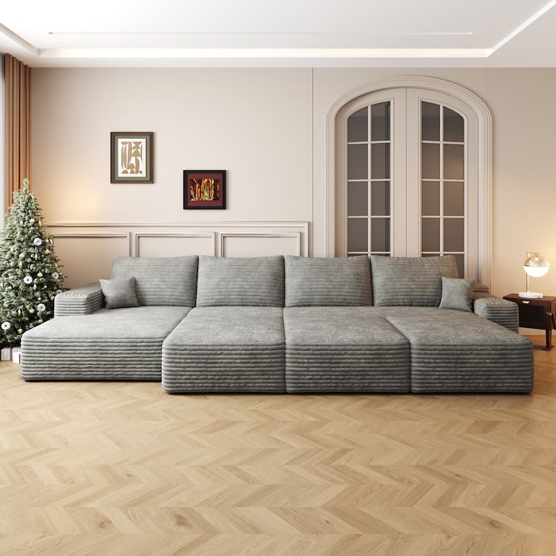 Corduroy Floor Standing Sectional Couch Modular Sleeper Sofa Bed Upholstered Sectional Sofa with Chaise and Ottomans - Grey