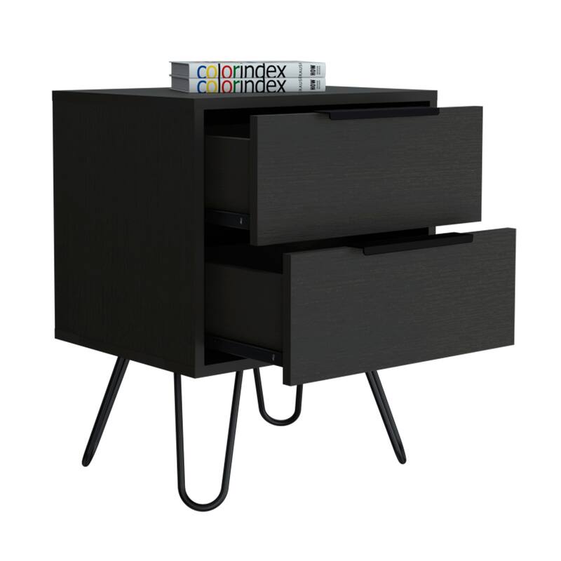 Modern Black Wengue Nightstand, 2 Drawers with Hairpin Legs, Compact and Stylish Design, 13.7"x17.71"x22.44"