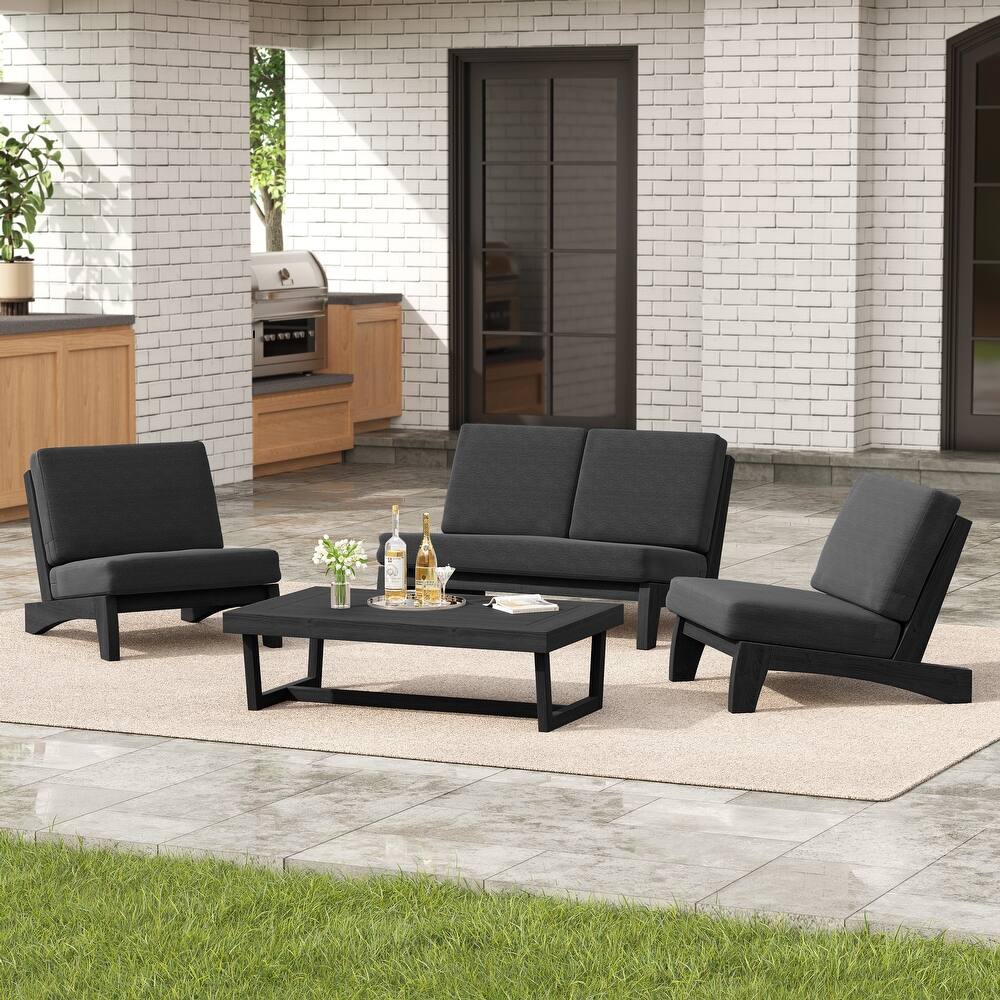 4 Set Outdoor Patio Teak Wood Club Chairs Loveseat with Cushion