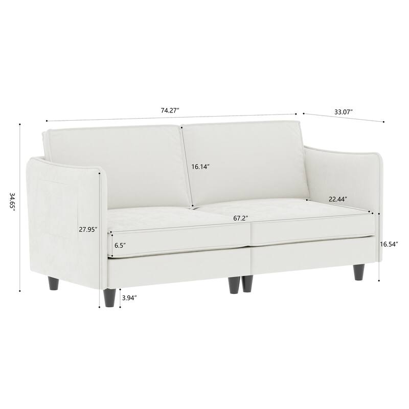74.27" Fabric 3-Seater Sofa with Pocket Springs, Side Storage and Wood Frame