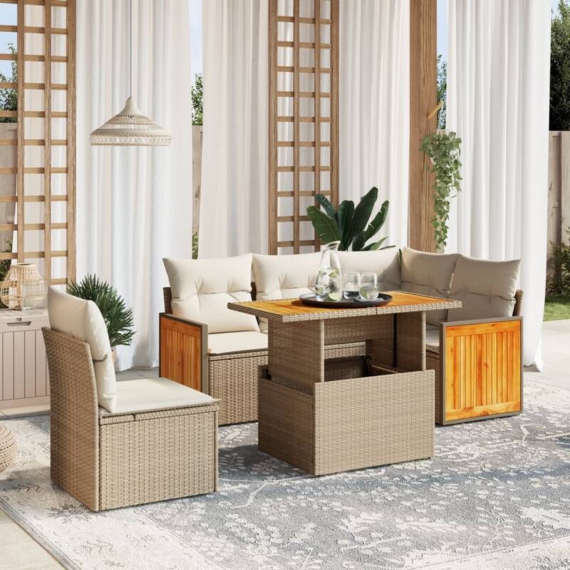 vidaXL Patio Sofa Set with Cushions Outdoor Furniture 6 Piece Poly Rattan - 21.7 x 39.4 x 28.7 in - Beige and cream