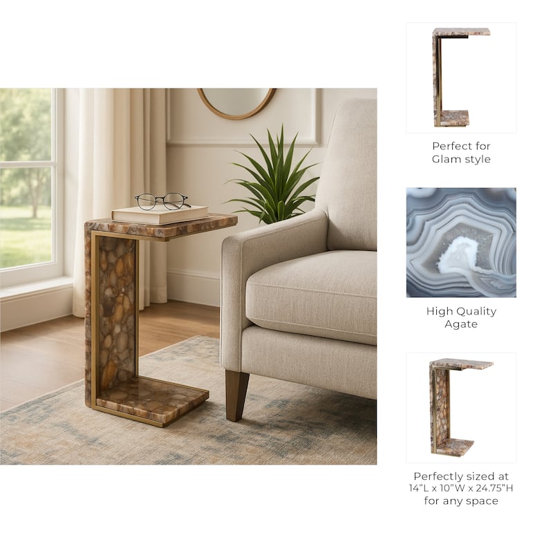 Stone Metal Accent Table Modern C-Shape Glam Finish - 25" Brown - 14" x 10" x 24.75"