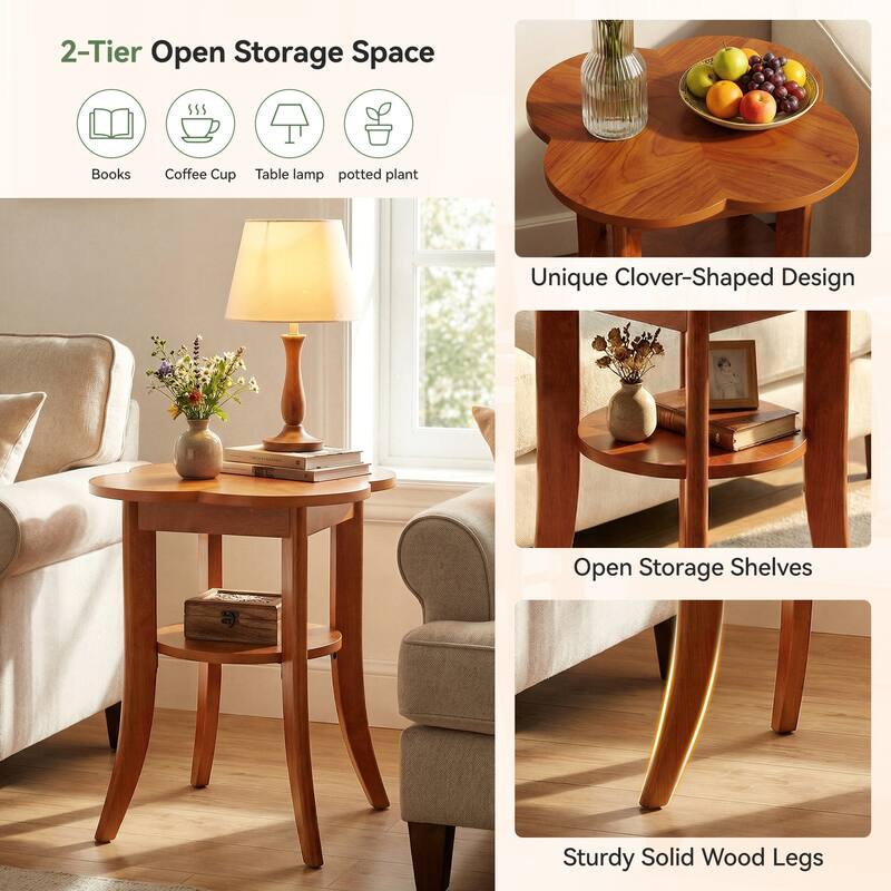 Solid Wood End Table for Living Room, 2 Tier Couch Side Table with Storage Shelf, Nightstand for Living Room / Bedroom
