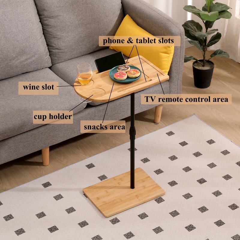 Couch Tray Table Bamboo Height Adjustable Side Table for Sofa C-shaped Oval End Tables - Natural
