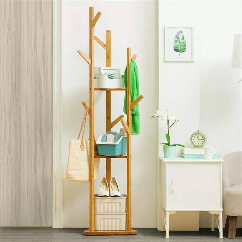 Solid Wood Floor Standing Hat Coat Hanger Storage Rack - Yellow