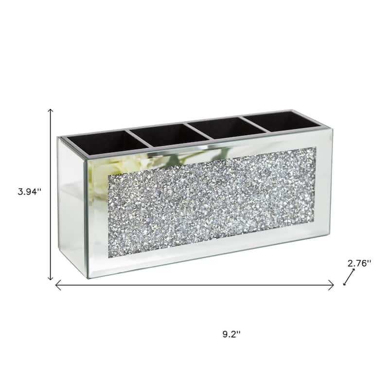 9" Silver Mirrored Glass Four Section Jewelry Organizer With Faux Crystals