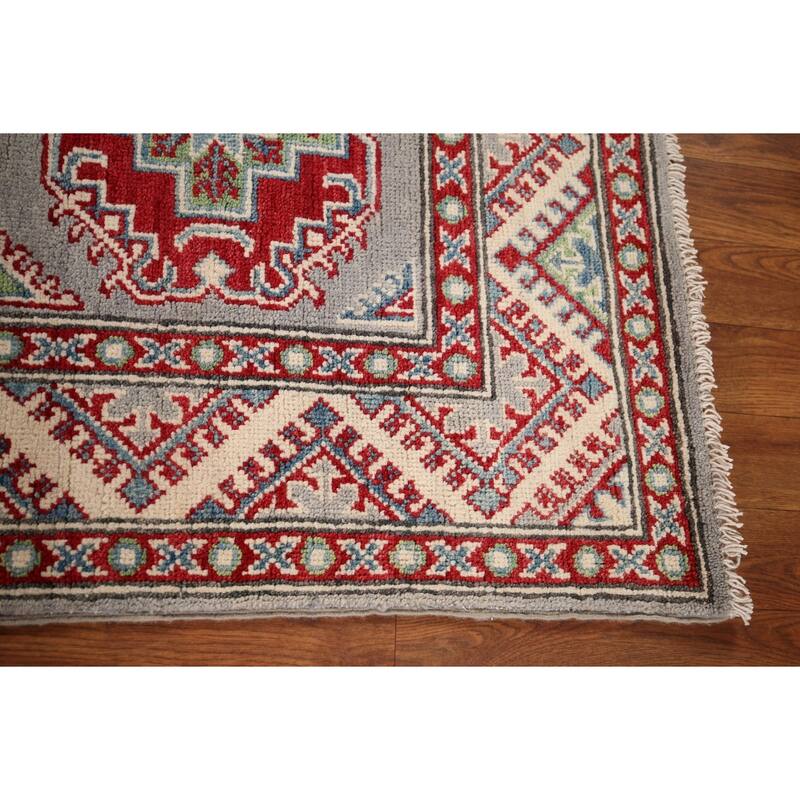Grey Geometric Kazak Oriental Runner Rug Handmade Wool Carpet - 2'8" x 20'0"