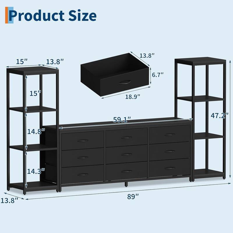 Entertainment Center TV Stand with 9 Drawers and Bookshelves for Living Room