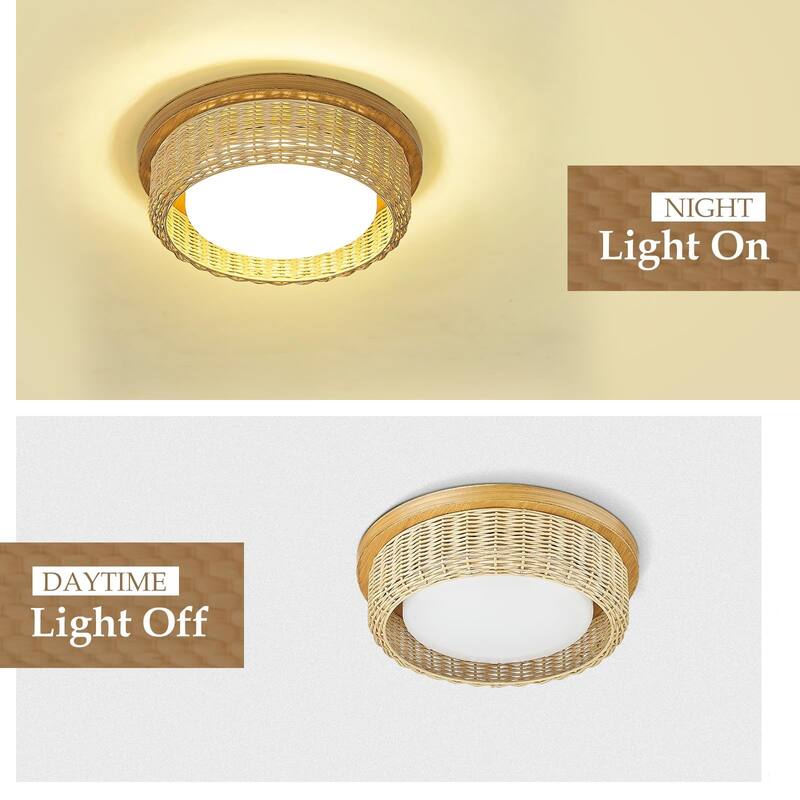 12.6 /15 Inch Rattan Dimmable LED Ceiling Light, Painted Wood