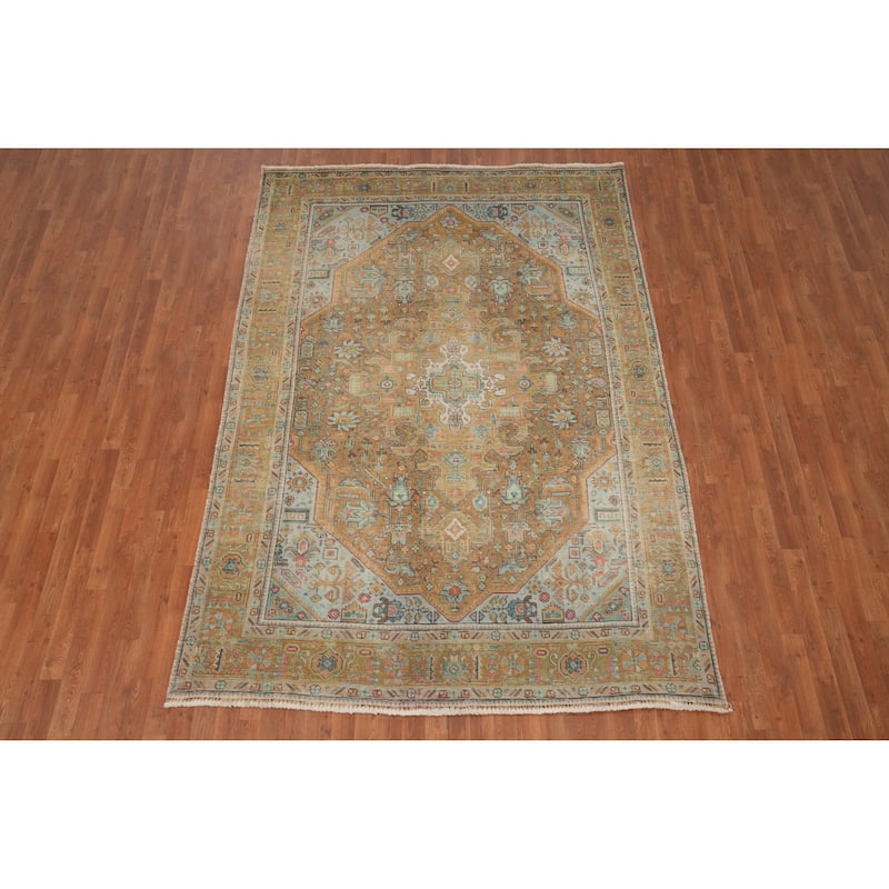 Hand Knotted Oriental 100% Wool Carpet Traditional Medallion Oranges & Rust Tabriz Area Rug - 9' 7'' X 6' 7''