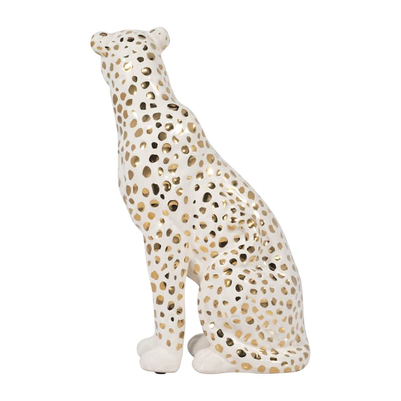Sagebrook Home 11" Sitting Leopard Sculpture Contemporary Glam Ceramic White and Gold Decorative Animal Figurine - 7" x 4" x 11"