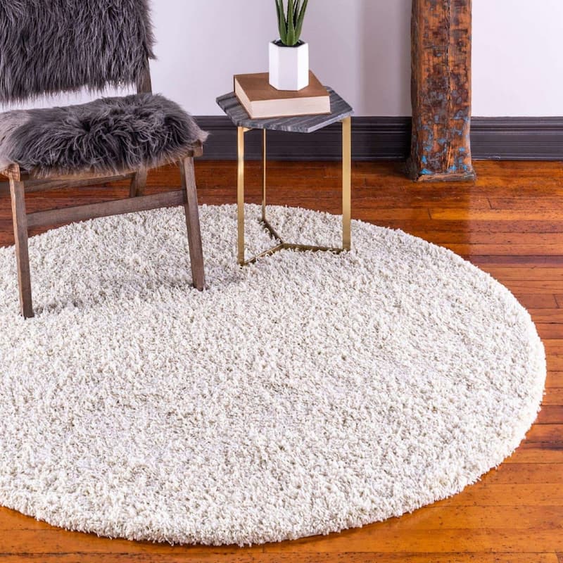 Shag Laurian Collection Area Rug - 4' Round - Pure Ivory