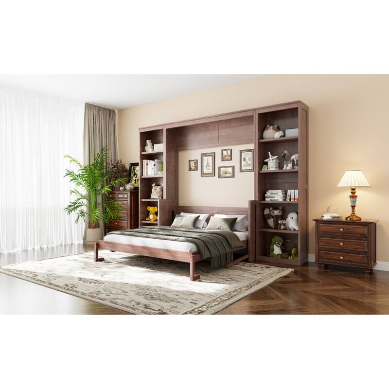 Roomfitters Full/Queen Size Murphy Bed with Desk and Bookshelf Storage, Space Saving, Dark Brown