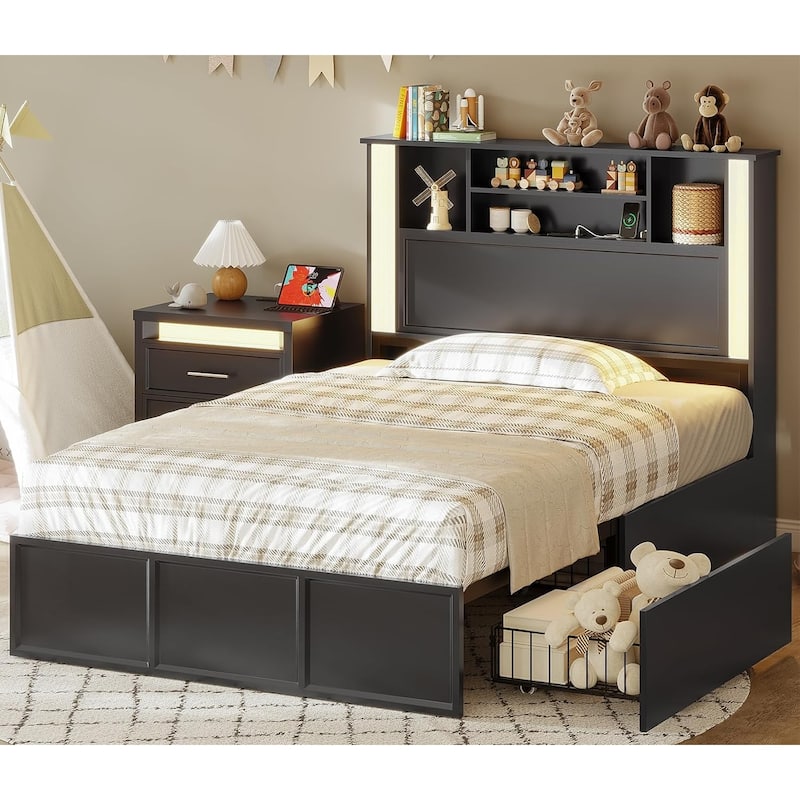 Bed Frames 4 Storage Drawers Storage Headboard Charging Station Metal Slats - Black - Twin