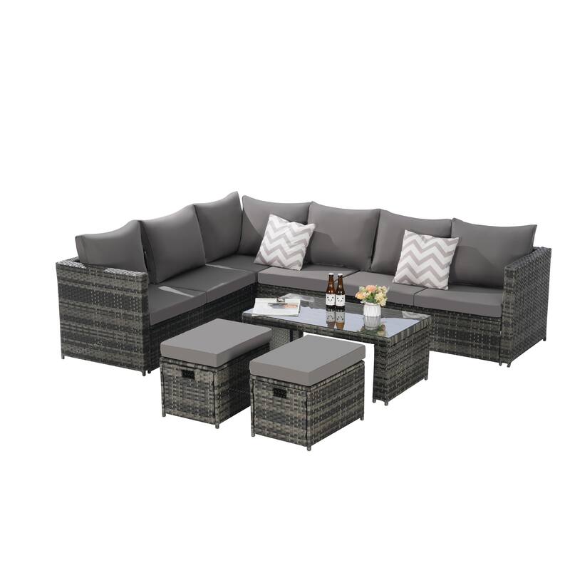 6-Piece Outdoor Patio Rattan Conversation Sectional Sofa Set with Tempered Glass Coffee Table