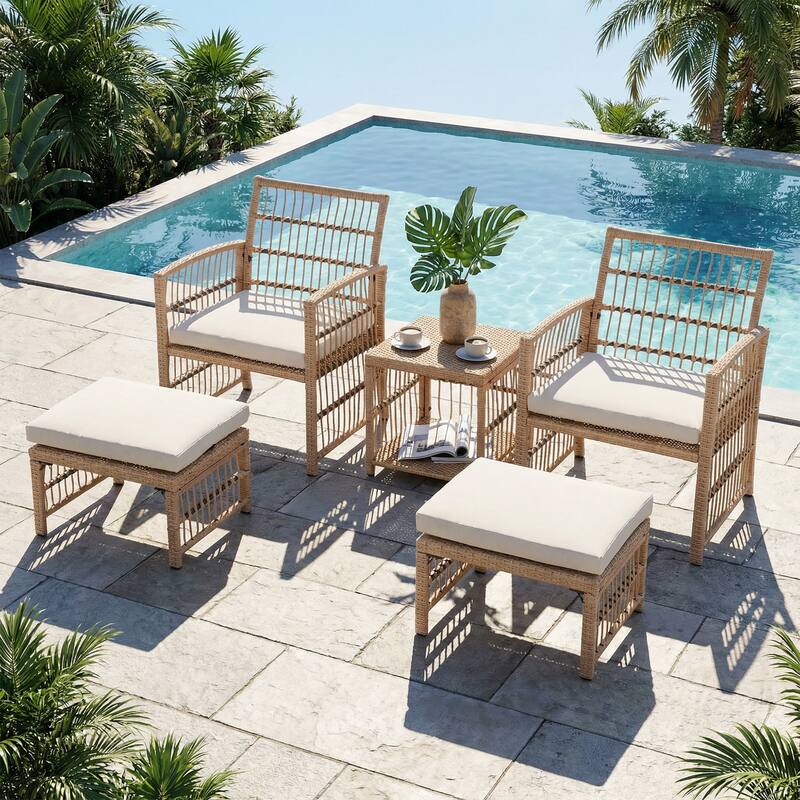 5-Piece Outdoor PE Wicker Conversation Set with Ottomans, Iron Frame, Beige Polyester Cushions