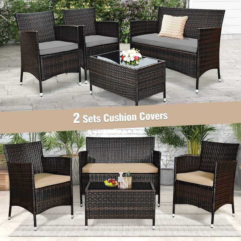 Rattan Patio Conversation Furniture Set with Glass Table and Comfortable Sofa - 4 Pcs