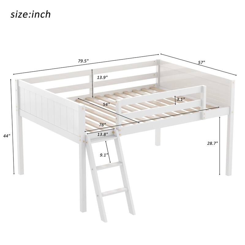 Full Size Wood Low Loft Bed with Convertible Ladder, White