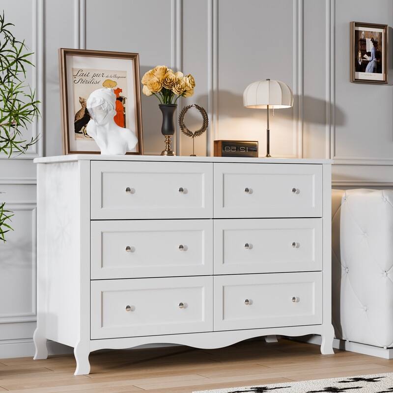 White P2 Density Board Painted 47.2in 6-Drawer French Curved Legs