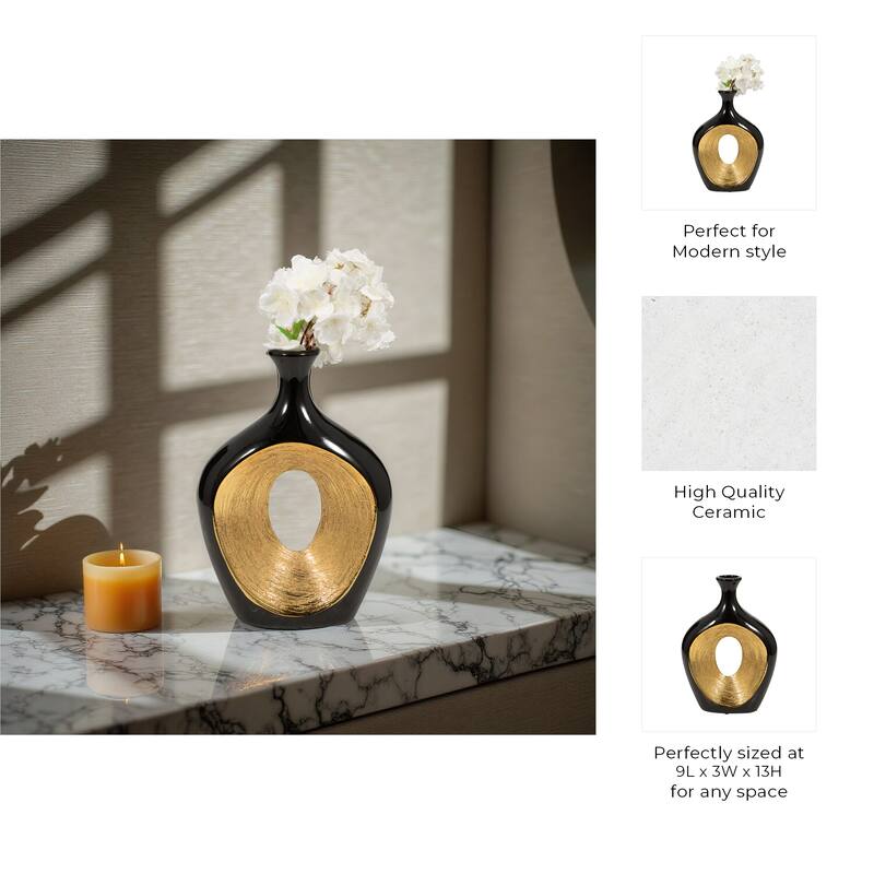 Modern Ceramic Textured Oval Cut-Out Vase - Home Decor - 13"