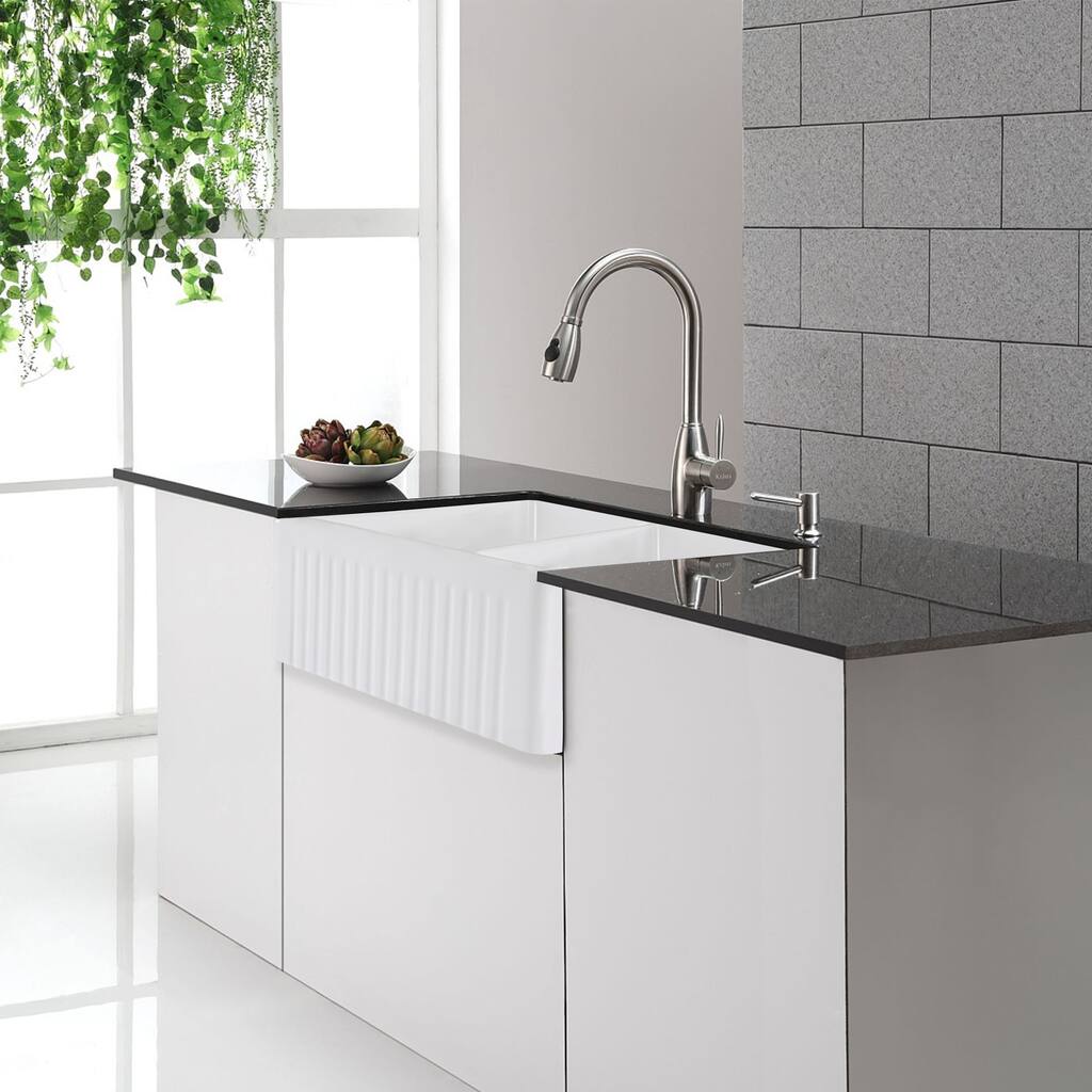 Farmhouse Apron Front Quartz Double Bowl Kitchen Sink White - 33x18