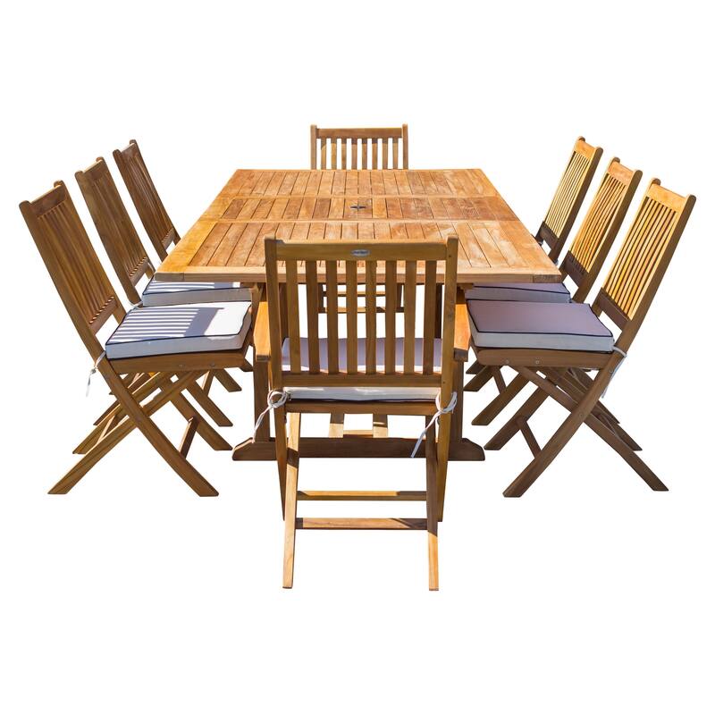 Chic Teak 9 Piece Teak Wood Santa Barbara Patio Dining Set w/ Rectangular Extension Table, 8 Folding Arm and Side Chairs